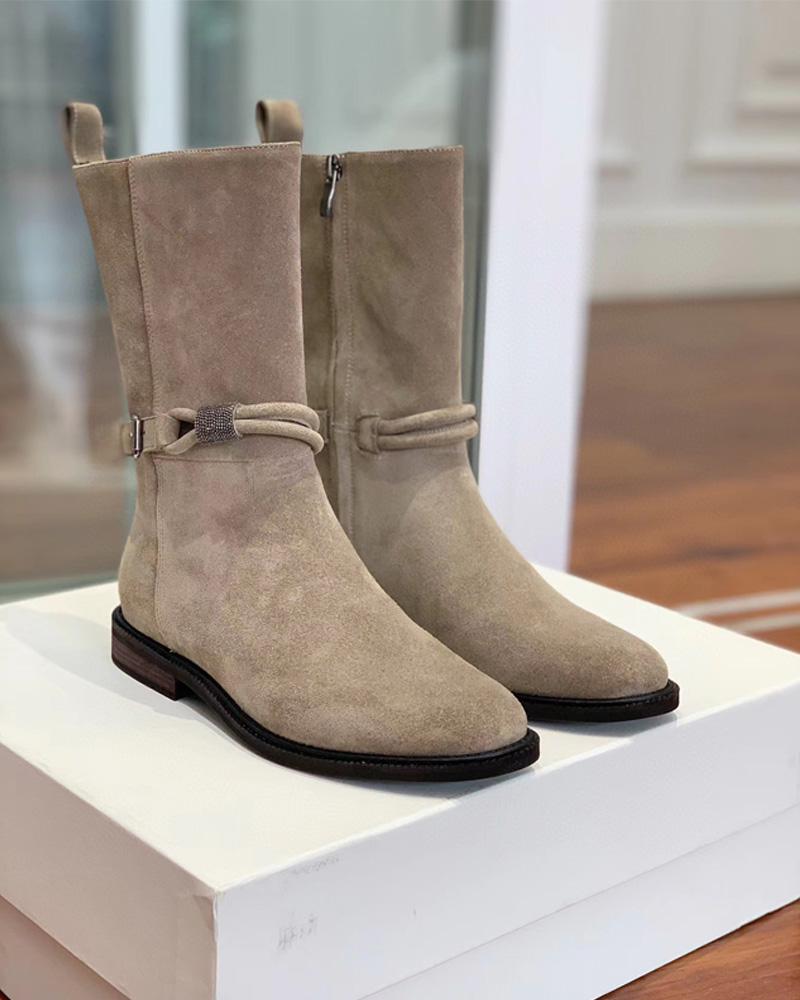 真皮短靴翻毛皮磨砂皮马丁靴串珠女靴平底皮带扣机车靴秋冬