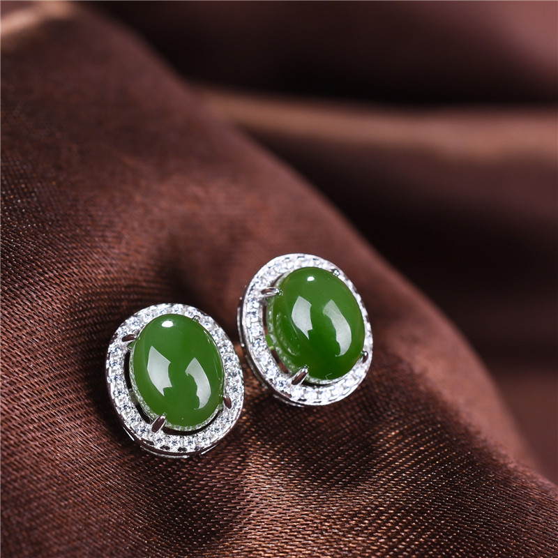 和田羊脂玉耳钉925纯银镶碧玉蛋面耳环送女友老婆情人节礼物3蜀黍