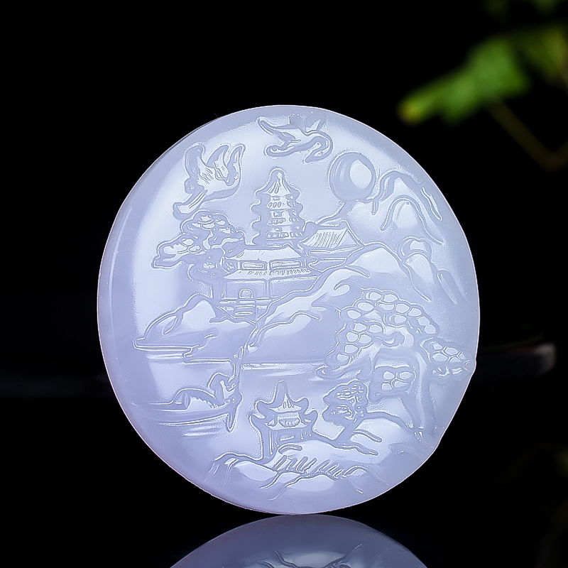 新疆和田青海芙蓉玉山水牌吊坠山鹤鸟意境山水玉牌圆牌项链玉牌子