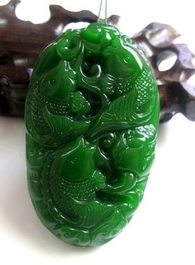 玉器新疆和田玉 碧玉手把件连年有余 菠菜绿 和田碧玉挂件