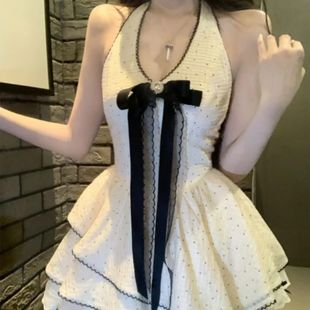 古风甜美波点少女蝴蝶结夏季 法式 千金公主小众显瘦收腰挂脖连衣裙
