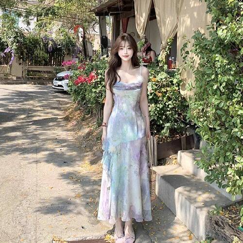 吊带美人鱼尾长裙夏季法式