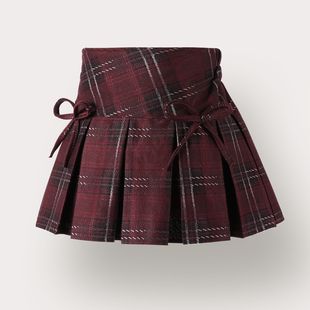 女童春夏复古甜美高腰百褶裙女孩酒红格子半身裙防走光蝴蝶结短裙