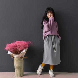 女童简约休闲半身裙中大童秋冬运动中长款开叉直筒长裙摇粒绒卫衣