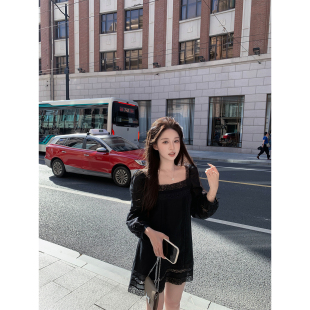 萌萌Ja 香雾绮梦~气质中古全棉连衣裙黑白两色蕾丝塔克线显瘦长裙