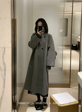 MMENGJA」月亮与六便士 灰色手工羊毛外套女冬中长款双面呢子大衣