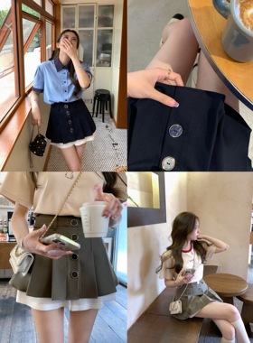 萌萌Ja」花梨芽一 休闲黑色百褶半裙高腰百搭军绿色a字半身裙夏