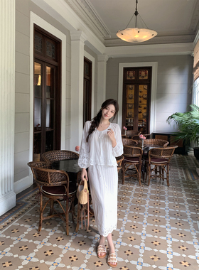 萌萌Ja 白茶栀子~减龄高级感全棉衬衫上衣白色蕾丝半身裙长袖套装