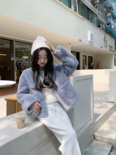 MMENGJA」蓝莓味棉花糖 雾霾蓝羊羔毛外套女糯叽叽柔软短款外套