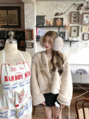 萌萌Ja」 Vintage中古环保皮草毛毛外套女冬慵懒上衣女 糯米奶tea