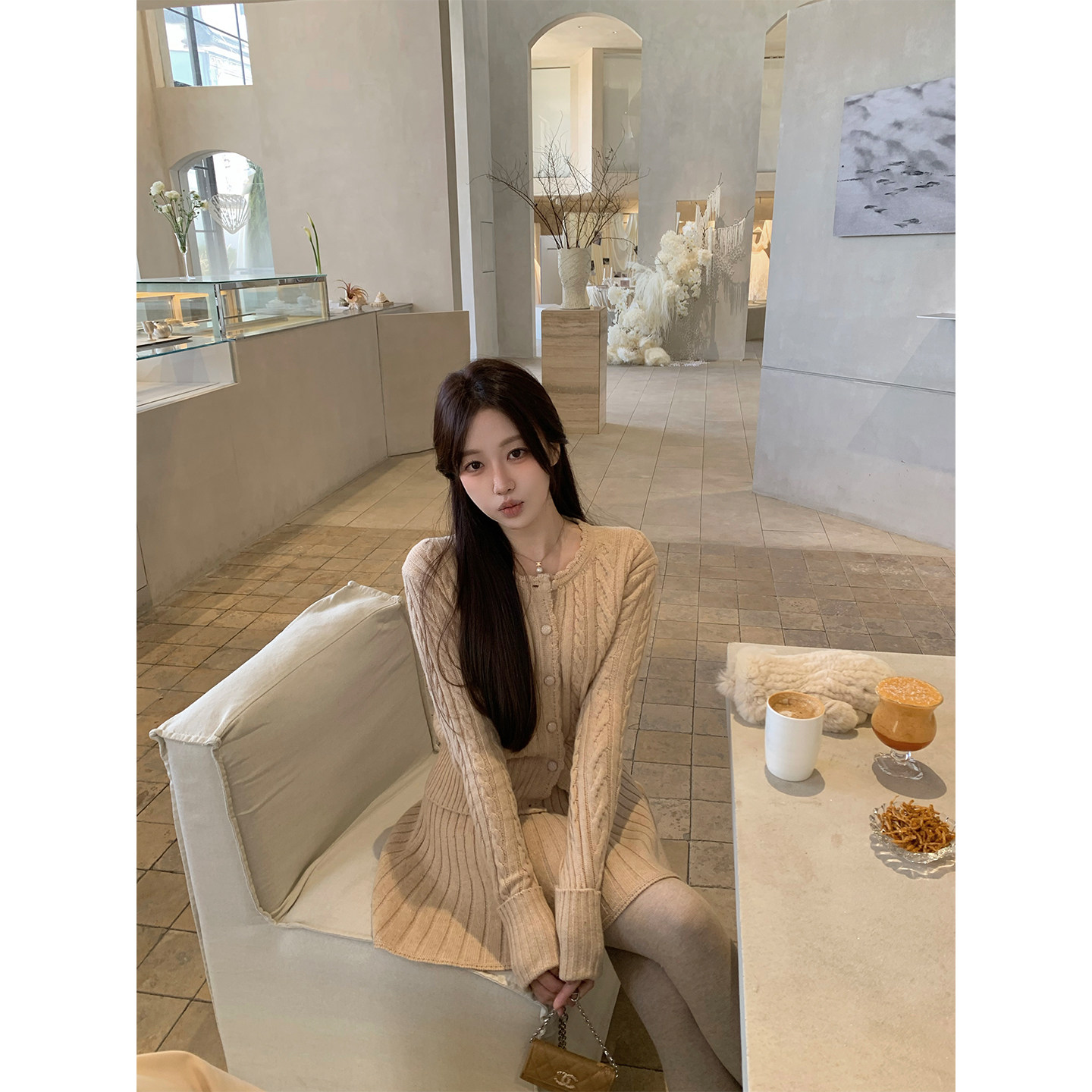 萌萌Ja 梧桐榛果林~两色温柔姐姐麻花针织套装韩系羊毛开衫半身裙