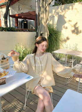 萌萌Ja」风铃木 鹅黄色长袖衬衫女上衣直筒短裤简约风时髦套装