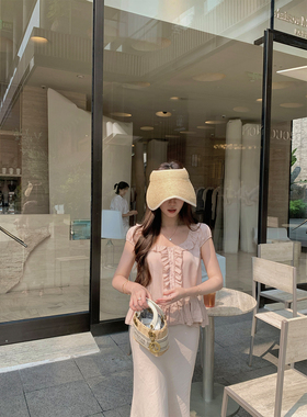 萌萌Ja 雾薄甜心~粉色天丝浪漫休闲T恤显瘦荷叶边短袖设计感上衣