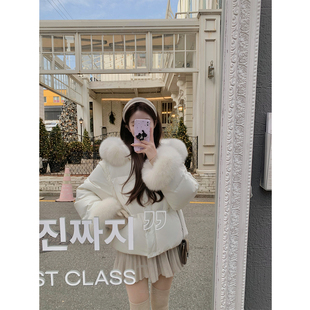 萌萌Ja 白丁朗姆 90白鸭绒白色可拆卸狐狸毛领袖口毛羽绒服外套冬