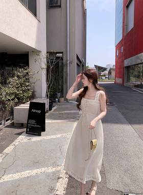 萌萌Ja 挚爱旧情书~气质白色连衣裙天丝亚麻蕾丝背心上衣韩系长裙