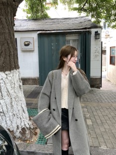萌萌Ja」 复古邮局  中长款气质毛呢外套韩版手工双面呢大衣女款