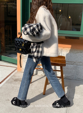MMENGJA」线条感直筒加绒牛仔裤女高腰水洗蓝色小众设计感裤子