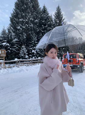 萌萌Ja 奶绯朗姆~100%羊毛粉紫色双面呢大衣双排扣圆领上衣外套女