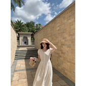 重工气质白色连衣裙蕾丝拼接泡泡袖 萌萌Ja 白栀香洛 韩系显瘦长裙