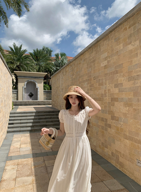 萌萌Ja 白栀香洛~重工气质白色连衣裙蕾丝拼接泡泡袖韩系显瘦长裙