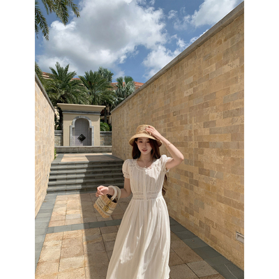 萌萌Ja白色连衣裙蕾丝拼接长裙