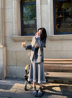 MMENGJA」风吹来的思念 白色花边针织长裙灰色高腰显瘦半身裙秋冬