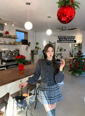 萌萌Ja」 miu系少女感毛衣女短款气质蝴蝶结灯笼袖黑灰色针织上衣