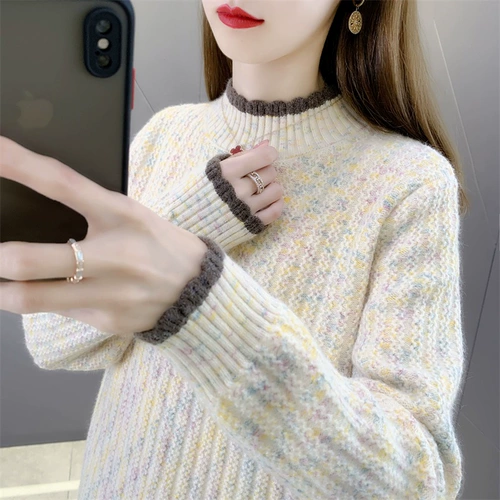 Демисезонный трикотажный свитер, свободный крой, высокий воротник, в западном стиле