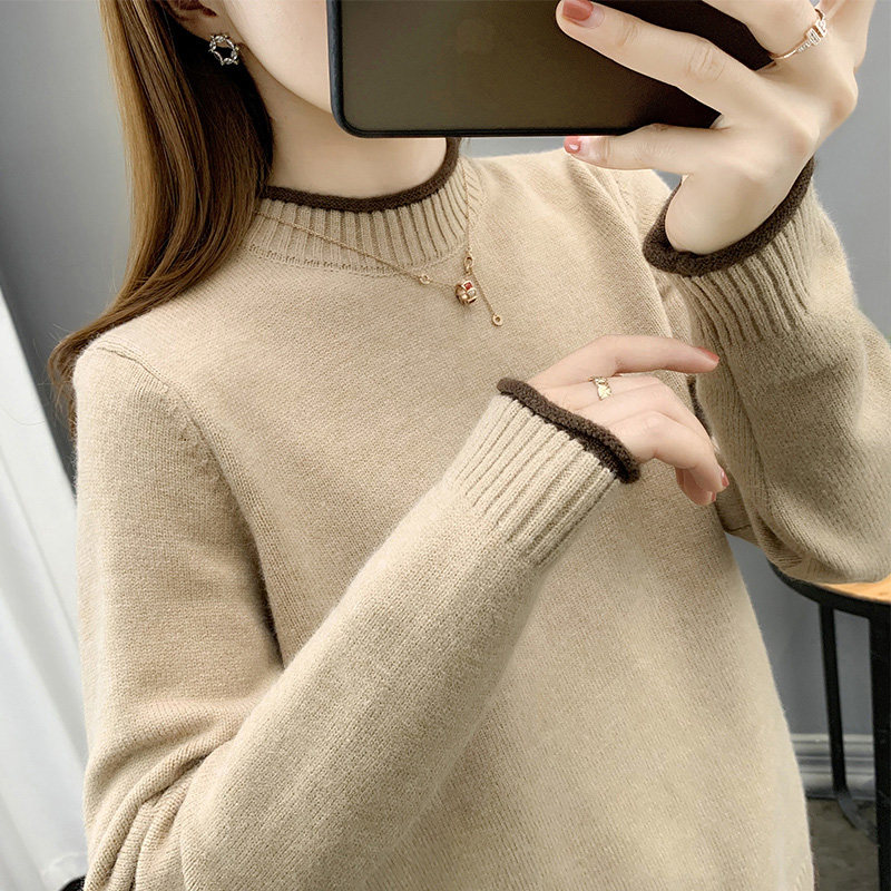 半高领毛衣女士宽松外穿秋冬新款2020爆款卷边拼色洋气上衣打底衫