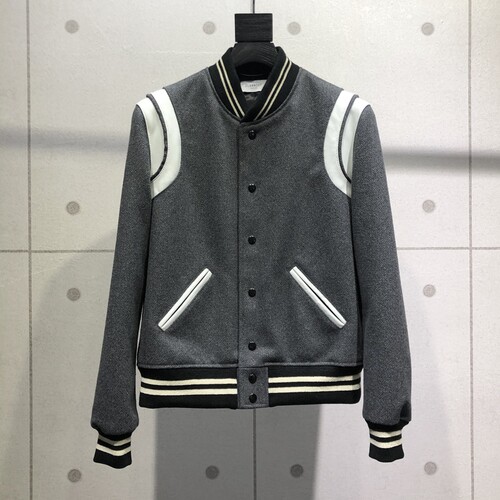 slp风格经典灰色夹克羊皮棒球服