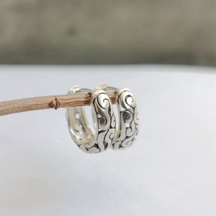 子墨s925银小众耳环圈复古做旧祥云纹镂空素圈耳饰女大耳垂可戴