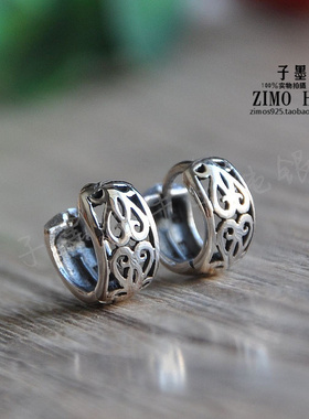 子墨家泰国手工925银泰银饰复古镂空雕花耳环E耳扣