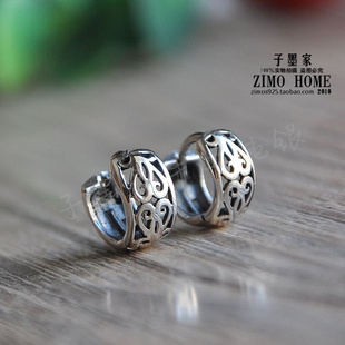 子墨家泰国手工925银泰银饰复古镂空雕花耳环E耳扣