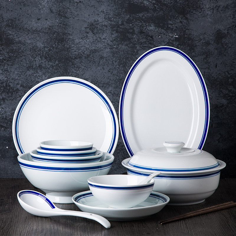 景德镇陶瓷高温釉下彩餐具蓝边碗菜盘勺汤碗鱼盘中式怀旧简约套装,餐饮具,碗,淘宝优惠券,粉丝福利购,淘宝优惠卷