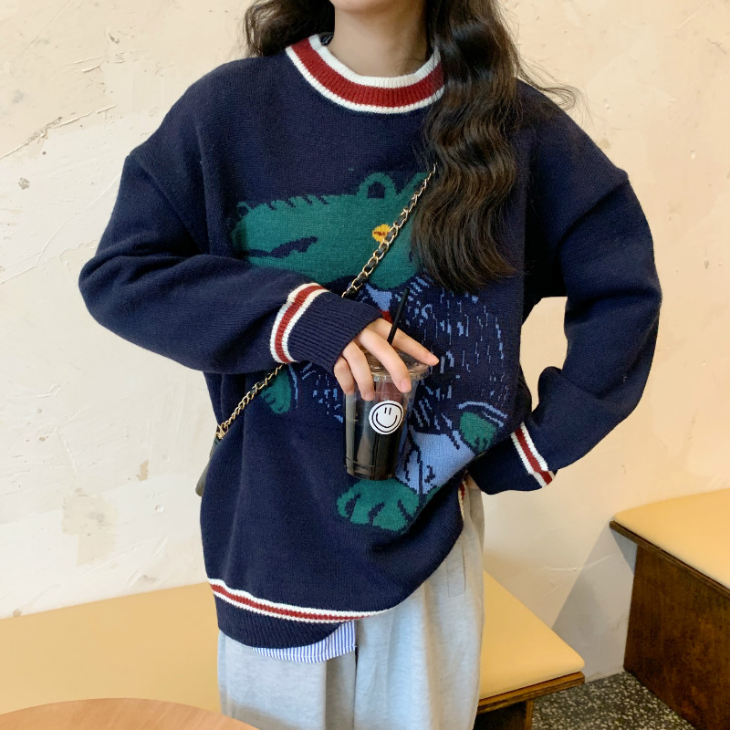 實拍實價圓領拼色卡套頭毛衣女冬寬鬆慵懶風百搭休閒針織衫