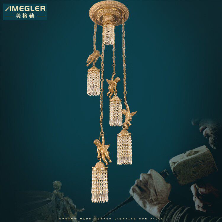 美格勒法式全铜水晶灯具奢华复式楼别墅欧式轻奢旋转楼梯间长吊灯