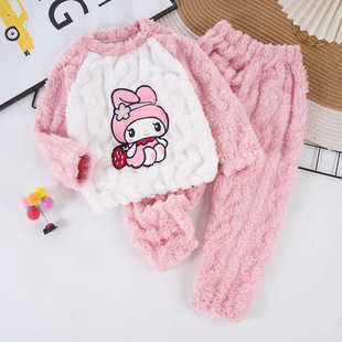 儿童珊瑚绒睡衣女孩秋冬季加厚款法兰绒中大童亲子母女家居服套装