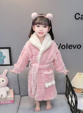 儿童浴袍女童冬季睡袍加厚法兰绒睡衣浴巾女孩宝宝珊瑚绒洗澡浴衣