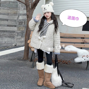 女童夹棉连帽外套送围巾韩系撞色格子绗棉扣子棉服中大童二棉棉袄