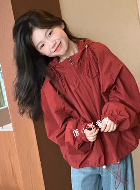 亲子红色连帽外套春秋朱雀红双层风衣韩版宽松中大童青少年y