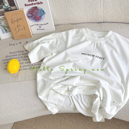 奇迹故事亲子T恤纯棉白色立体mir喷印磨破青少年半袖韩版宽松潮