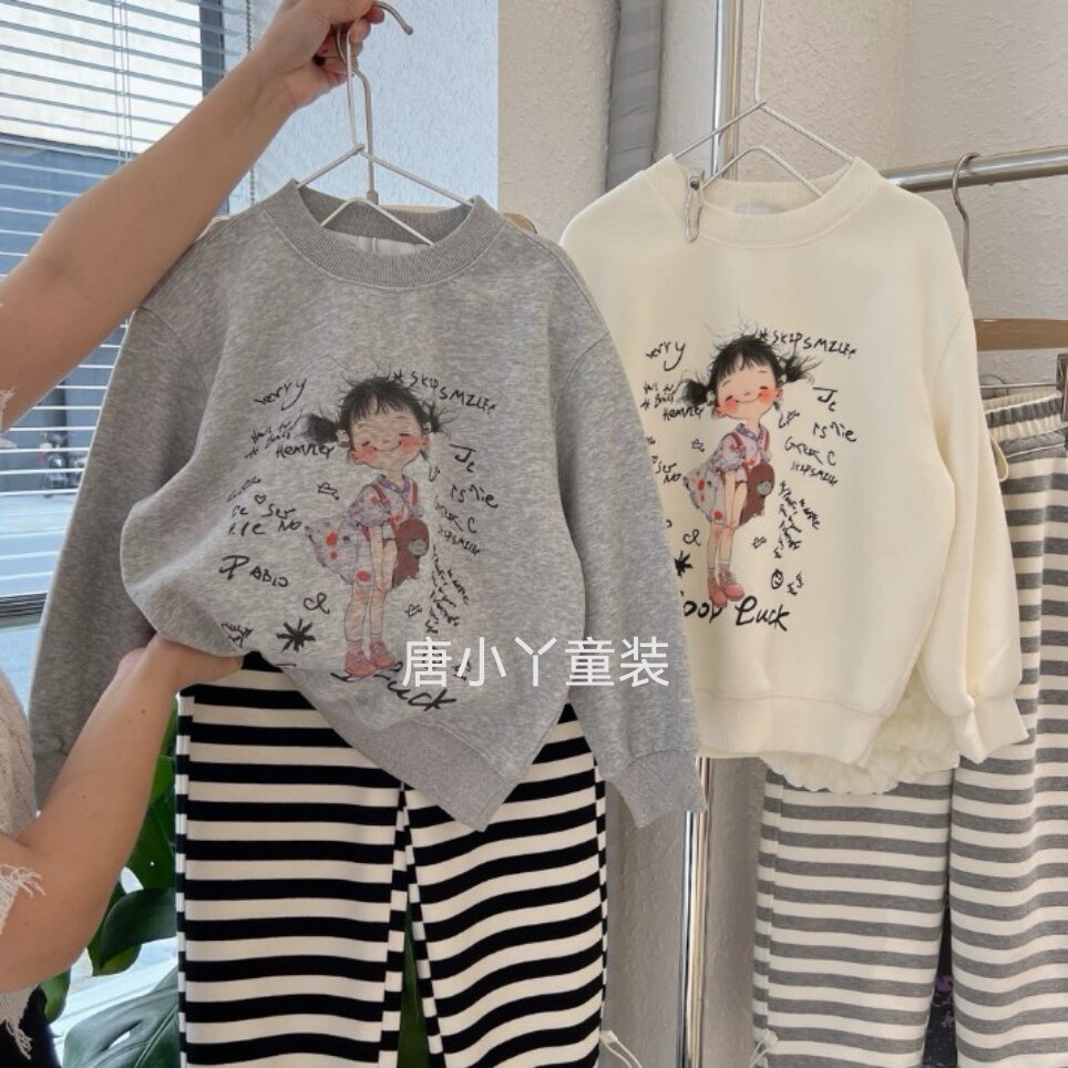 koman女童卫衣春秋款卡通女孩韩版宽松洋气大童纯棉长袖韩灰色