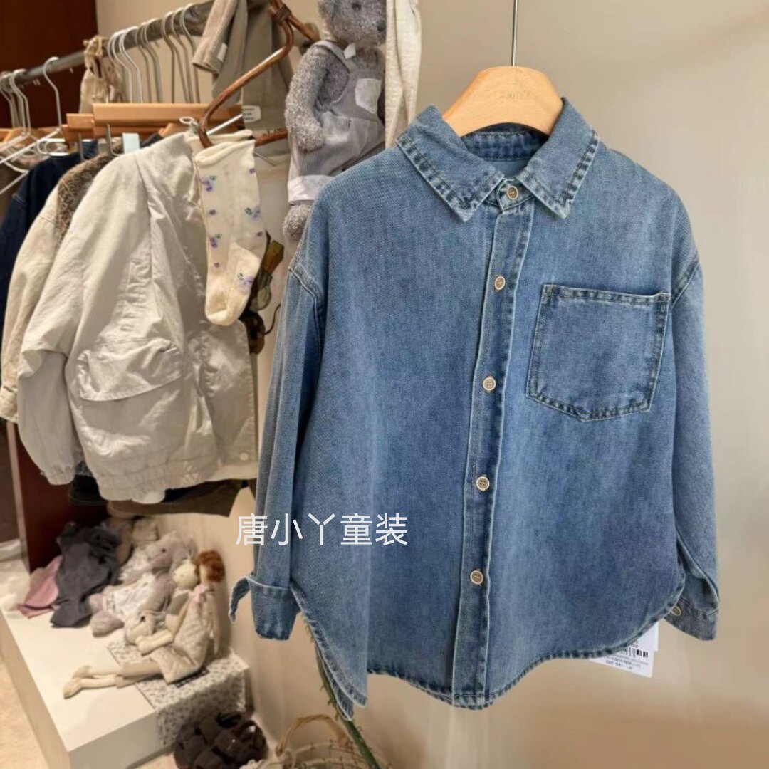 douli豆里中大童高棉牛仔衬衣外套蓝色柔软男女童春秋款