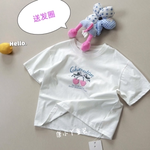 亲子冰感棉T恤立体蝴蝶结樱桃送发圈索罗娜甜美白色短袖韩版宽松z