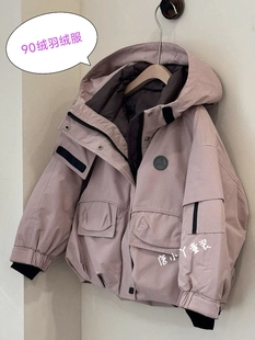 木木棠中大童短款 风面包服粉色黑色连帽外套 羽绒服90绒韩系工装