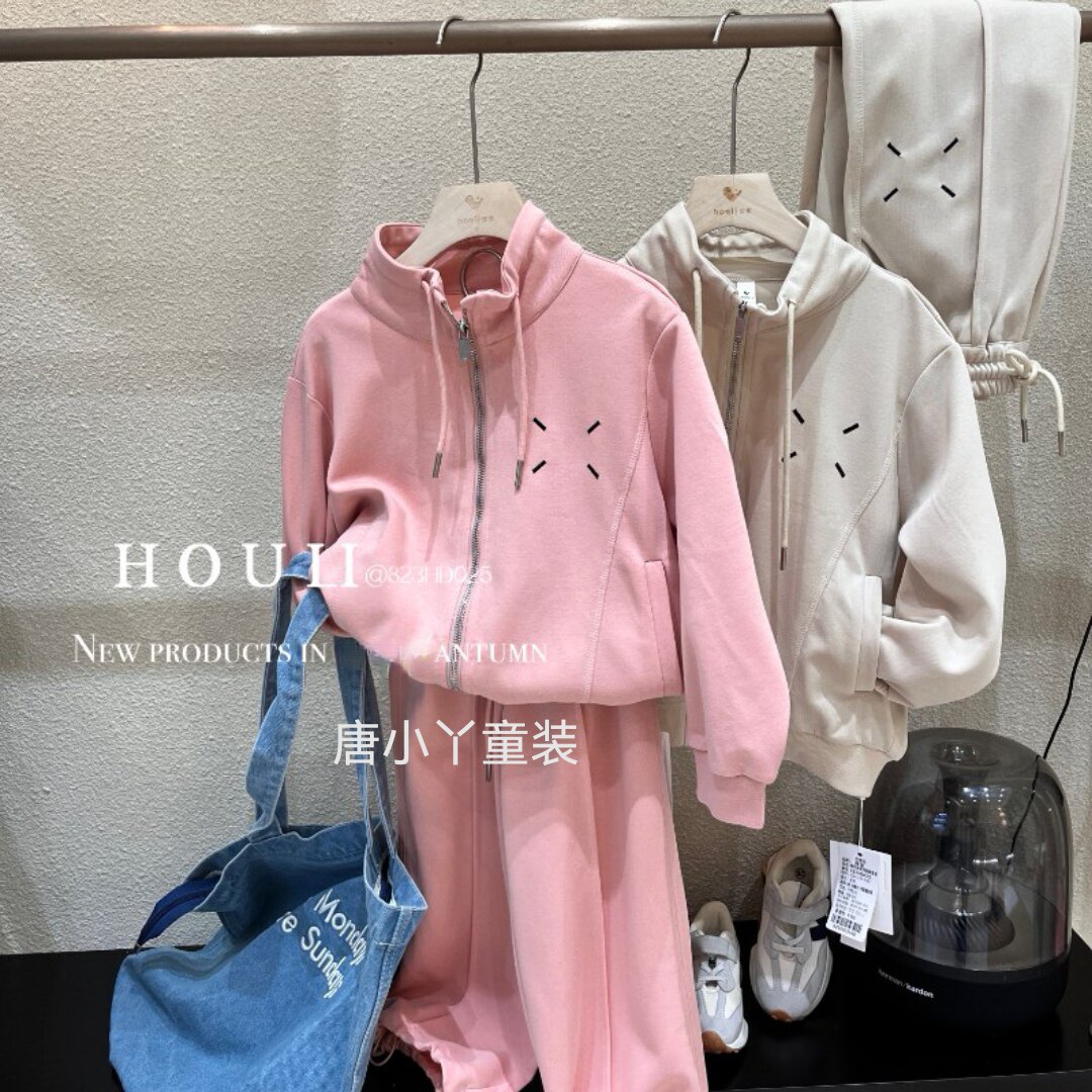 houli中大童卫衣卫裤套装米色拉链外套韩版纯色束脚裤两件套