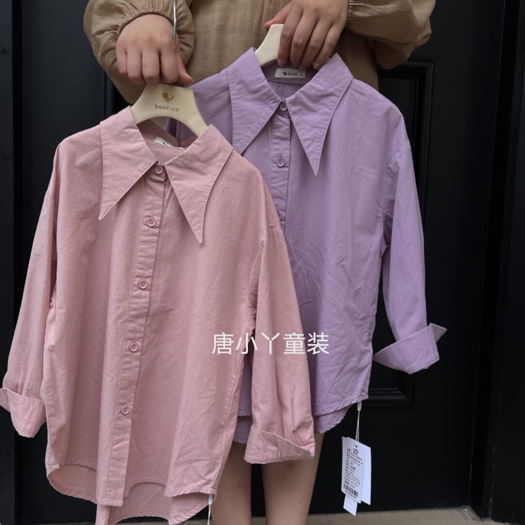 houli女童纯棉衬衫外套韩粉色尖尖领韩系宽松春秋款长袖中大童