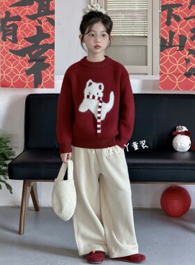 亲子红色围巾招财猫毛衣安哥拉红男女童青少年圣诞元旦新年装