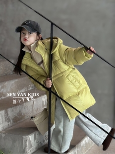 森檐女童三防中长款羽绒服90绒收腰粉色芥末绿帽子可拆面包服加厚