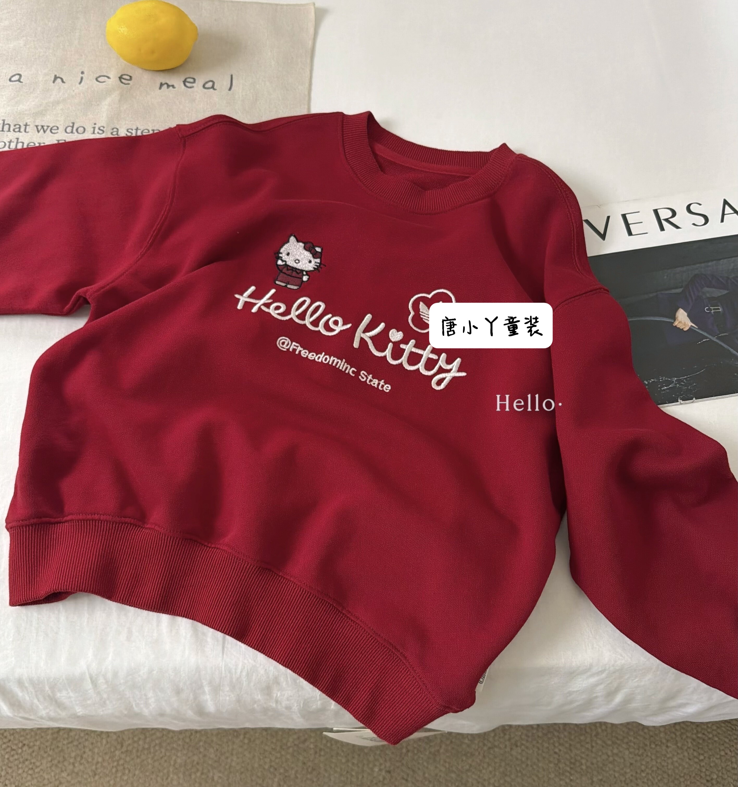 奇迹故事女大童暗红色kitty猫圆领卫衣春秋毛圈棉刺绣套头衫韩版